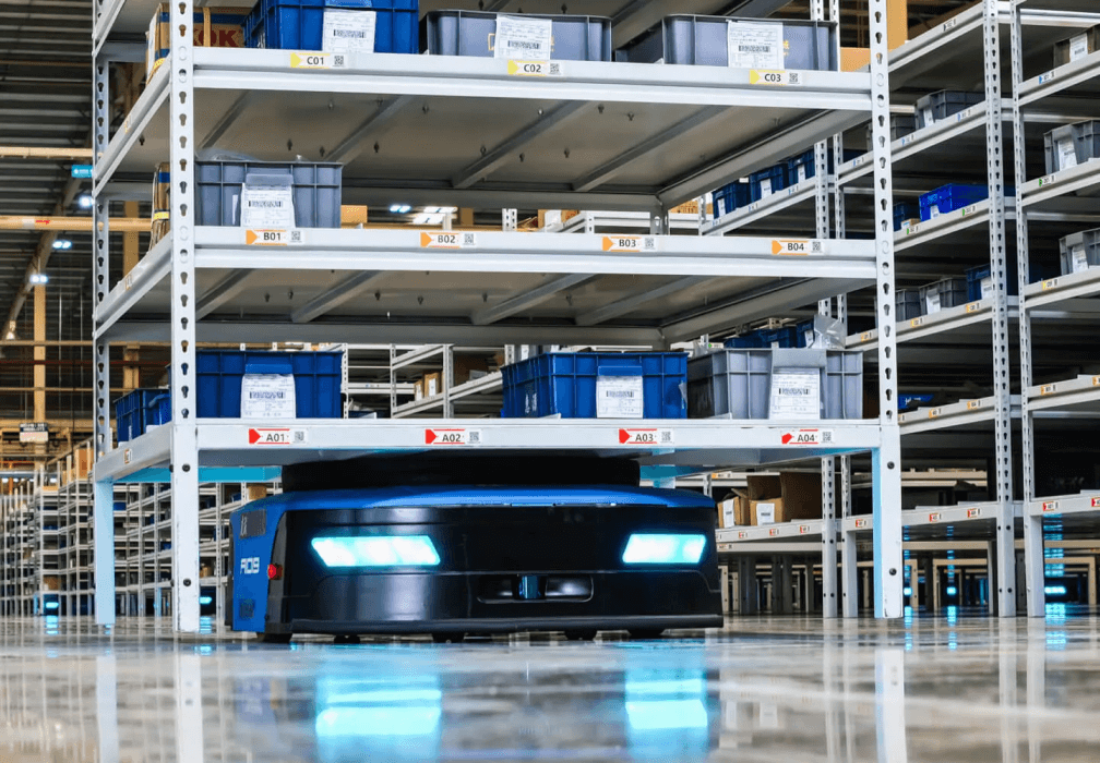 Shelf-moving autonomous mobile robot in a warehouse